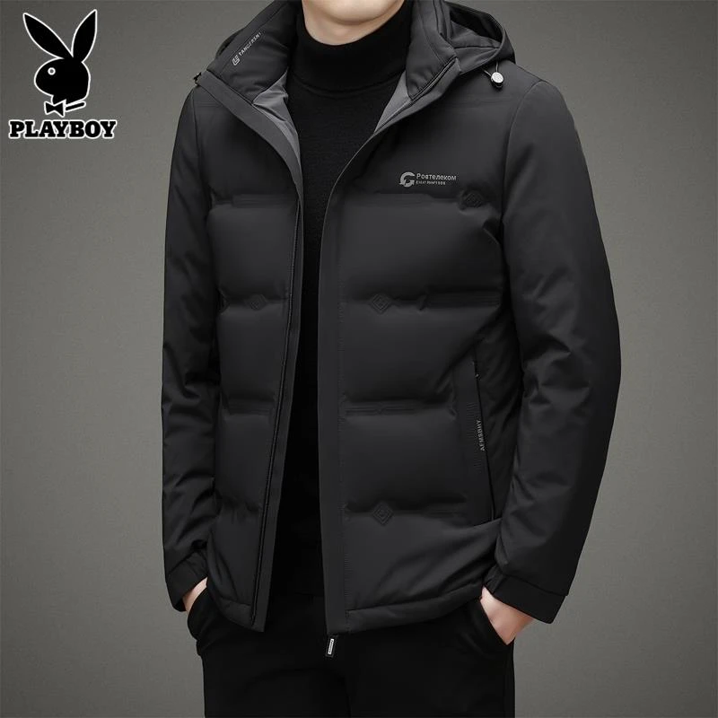 花花公子连帽羽绒服男士品牌正品2025新款潮流帅气休闲外套男冬季