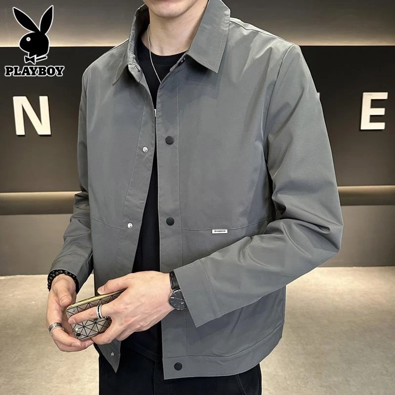 花花公子翻领夹克男士春秋款新款短款上衣服2025潮牌灰色休闲外套