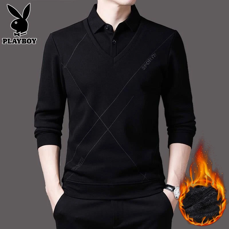 花花公子假两件T恤男士秋冬款新款美式加绒潮流休闲内搭针织衫男