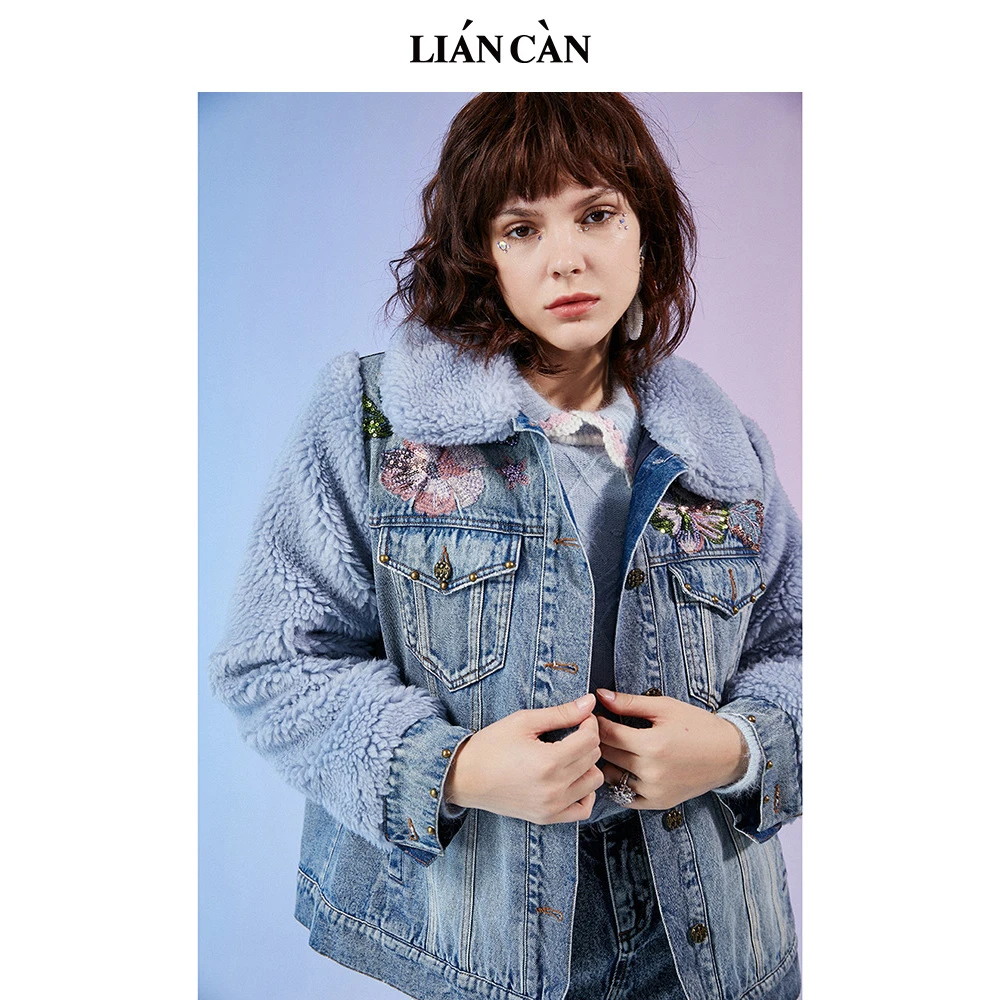 【莲灿】保暖时尚复古休闲减龄翻领修身牛仔拼接棉服外套7121477001