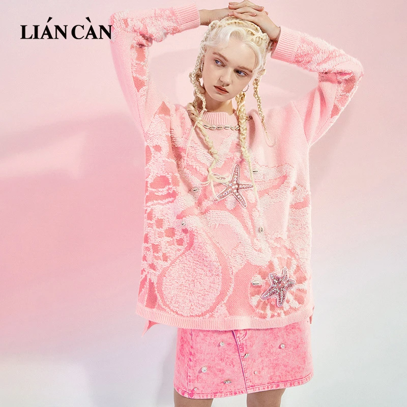 【莲灿】2024套头印花显瘦减龄提花铆钉亮片长袖针织毛衣7121434018