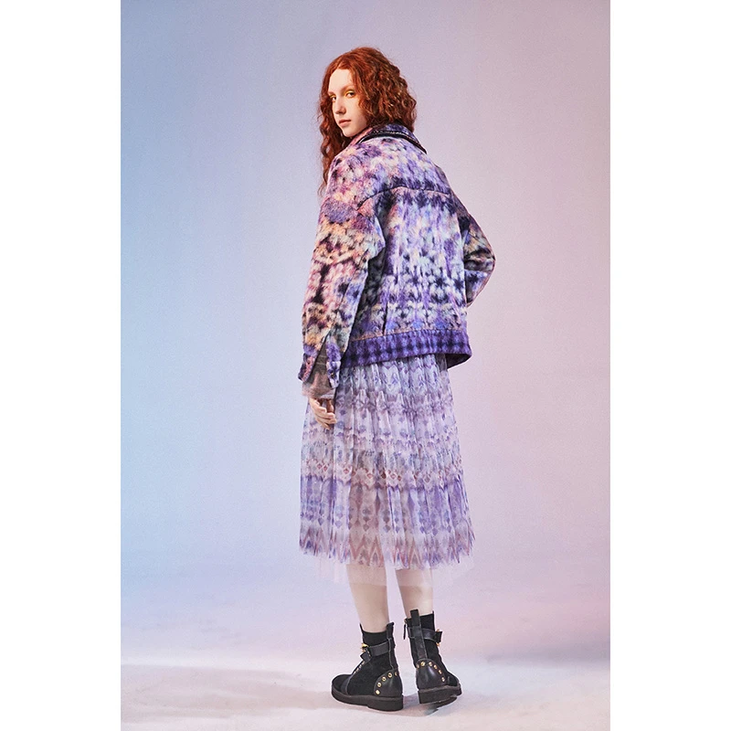 【莲灿】2024秋冬新款铆钉贴袋渐变晕染印花短大衣女时尚7120462004