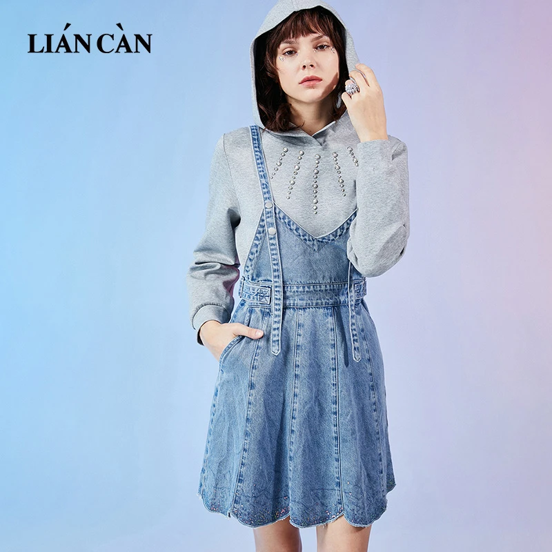 莲灿2024秋冬年时尚百搭小众设计款刺绣卫衣牛仔连衣裙7121322003