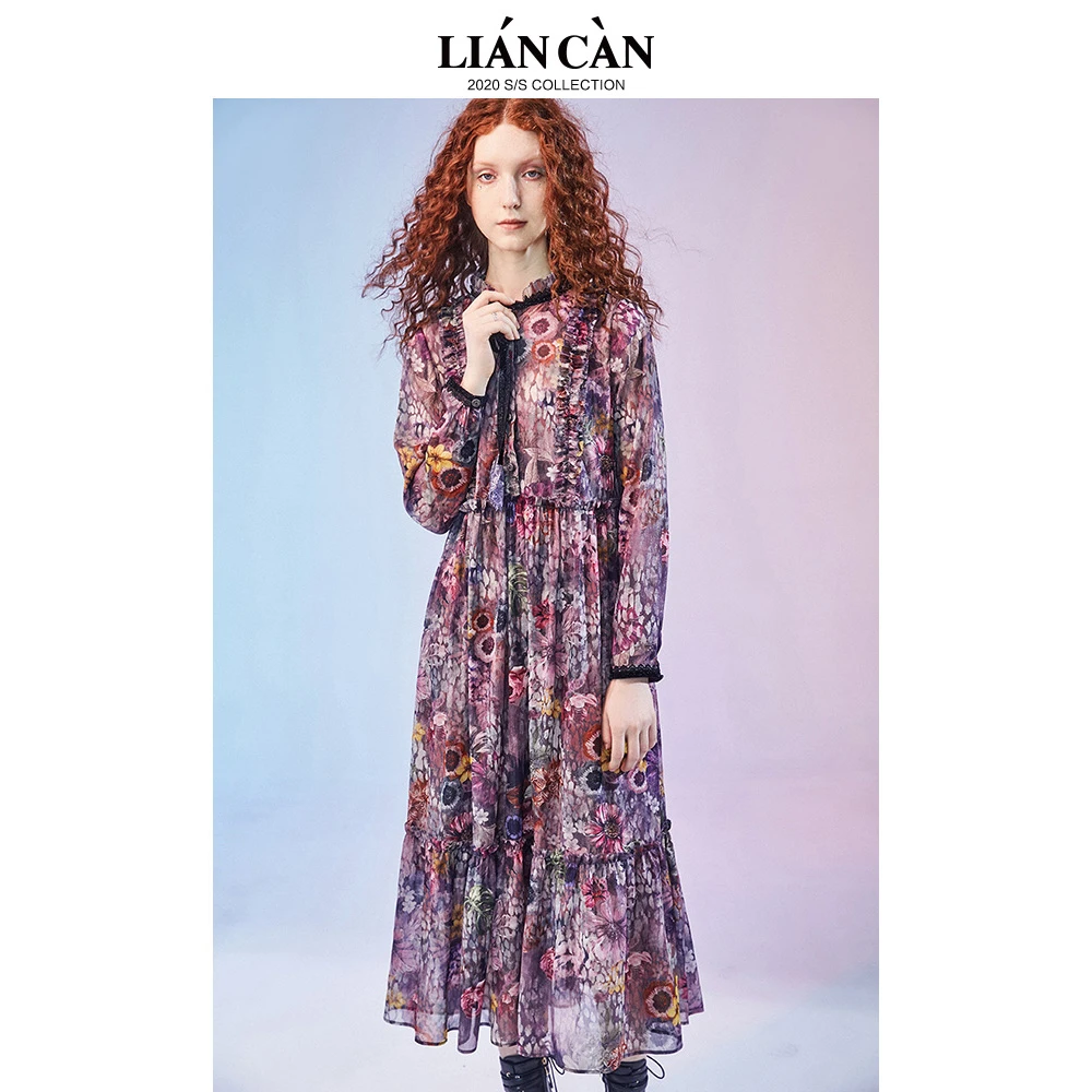莲灿2024新圆领抽褶花边波西米亚风雪纺长袖连衣裙7120324004