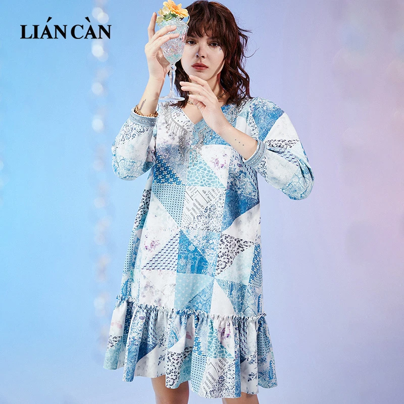 莲灿印花气质减龄V领娃娃裙抽褶钻链流苏针织连衣裙 7121425005