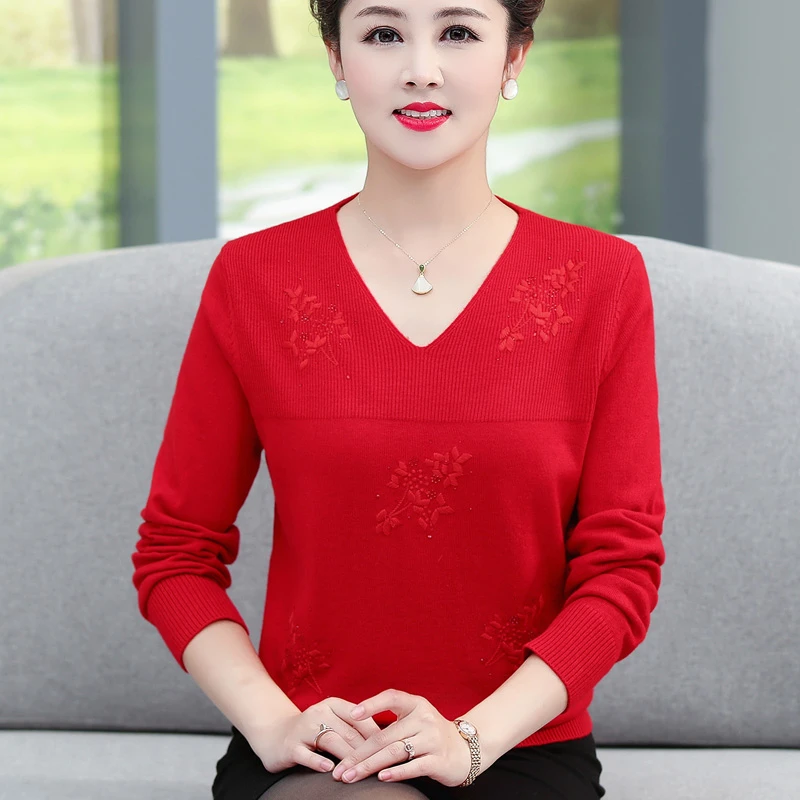 兔年本命年红色妈妈装宽松大码套头毛衣中老年人女V领打底衫上衣