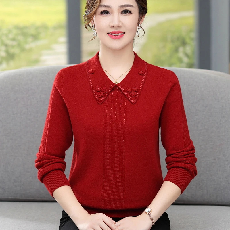 中老年人100%羊毛衫女套头翻领毛衣大码宽松妈妈装秋冬针织打底衫