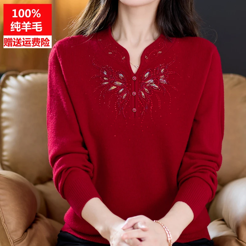 本命年妈妈装红色打底衫旗袍领100%纯羊毛衫女中老年秋冬婚宴毛衣