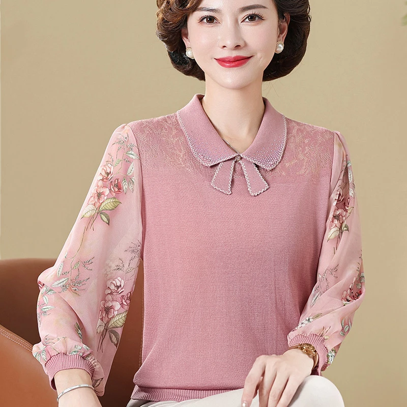 妈妈秋装上衣服中年妇女士春秋装长袖T恤中老年人薄款衬衣打底衫