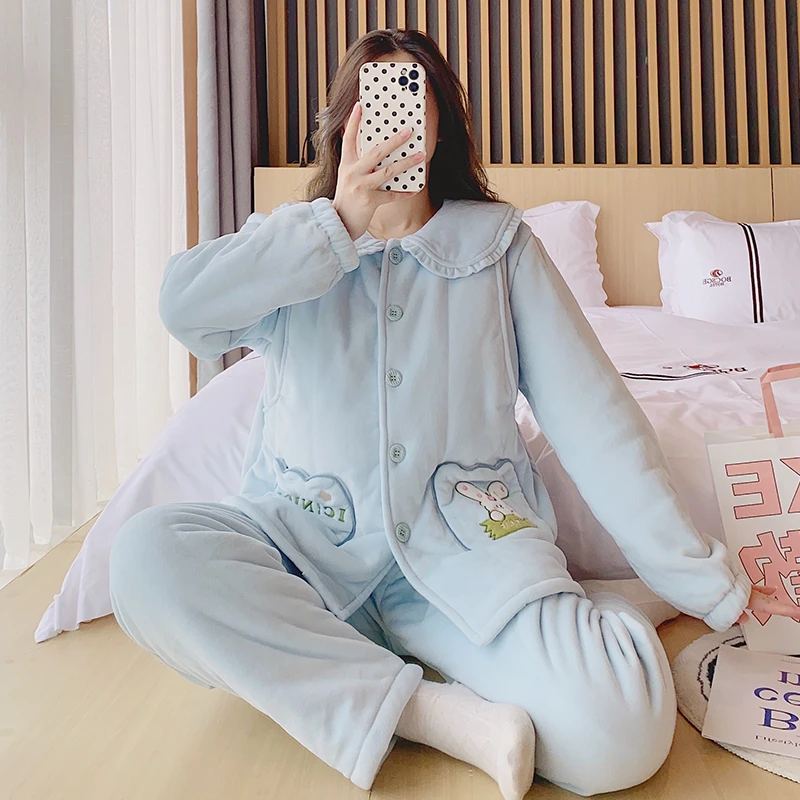 秋冬月子服三层夹棉孕期产后冬季加绒加厚大肚子孕妇睡衣1-12月份