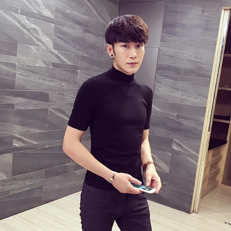 春秋款半高领打底衫男士修身毛衣潮流短袖针织衫半袖中领内搭T恤