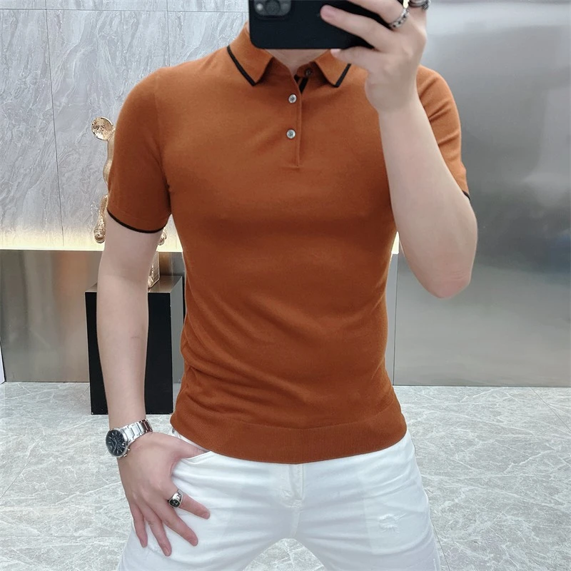 男士夏季纯色新款POLO针织衫商务休闲短袖翻领T恤修身半袖高级感