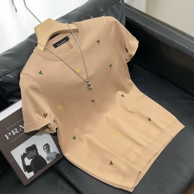 2025春秋针织衫男短袖刺绣针织t恤青年半袖潮流个性打底衫上衣潮