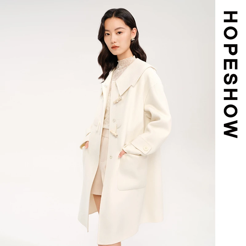HOPESHOW红袖 减龄牛角扣羊毛大衣 89222390831