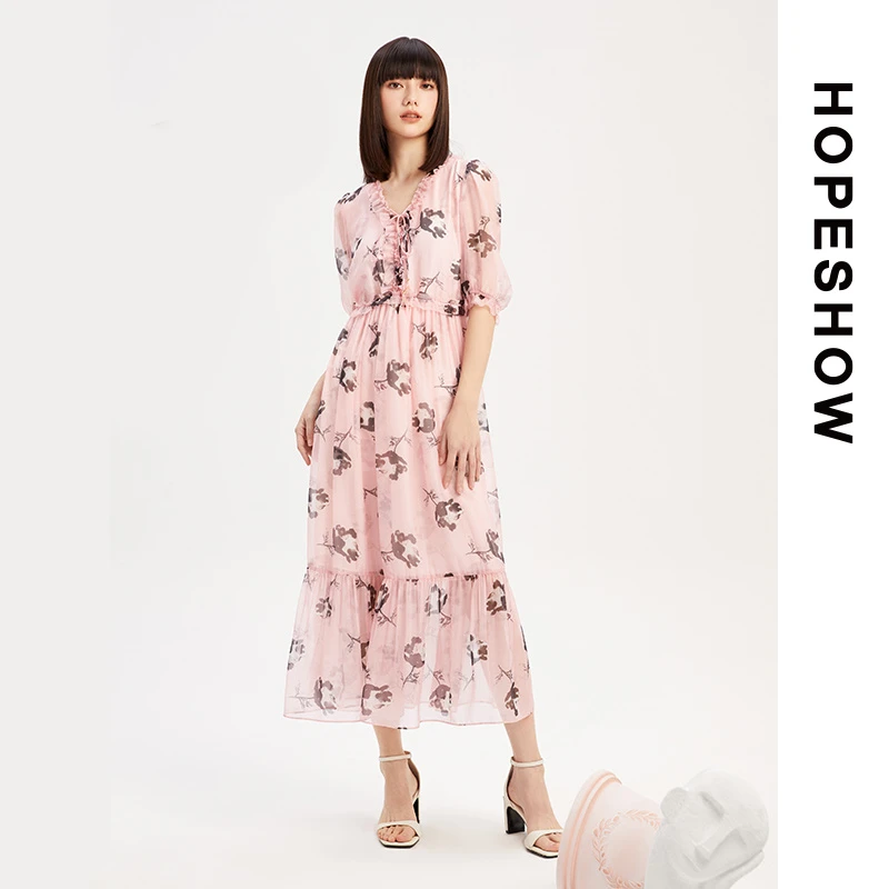 HOPESHOW红袖 浪漫荷叶边雪纺连衣裙 89123181629
