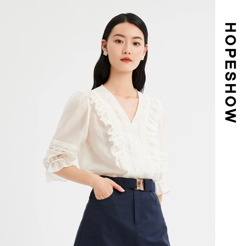 【红袖 】HOPESHOW红袖 蕾丝拼接荷叶边精致上衣 89223182005