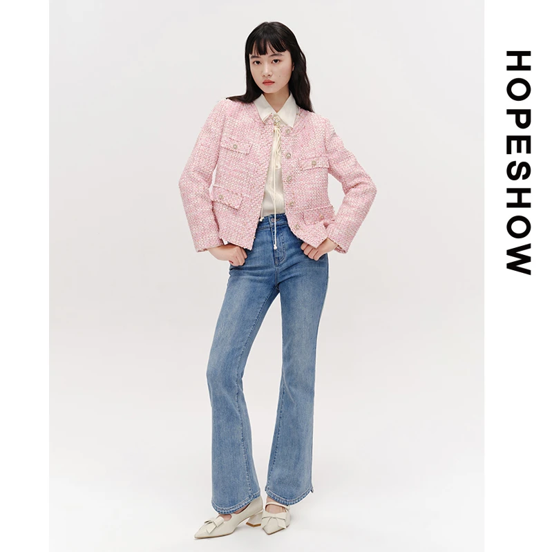 HOPESHOW红袖 截短式单排扣圆领粗花呢短外套89124010401