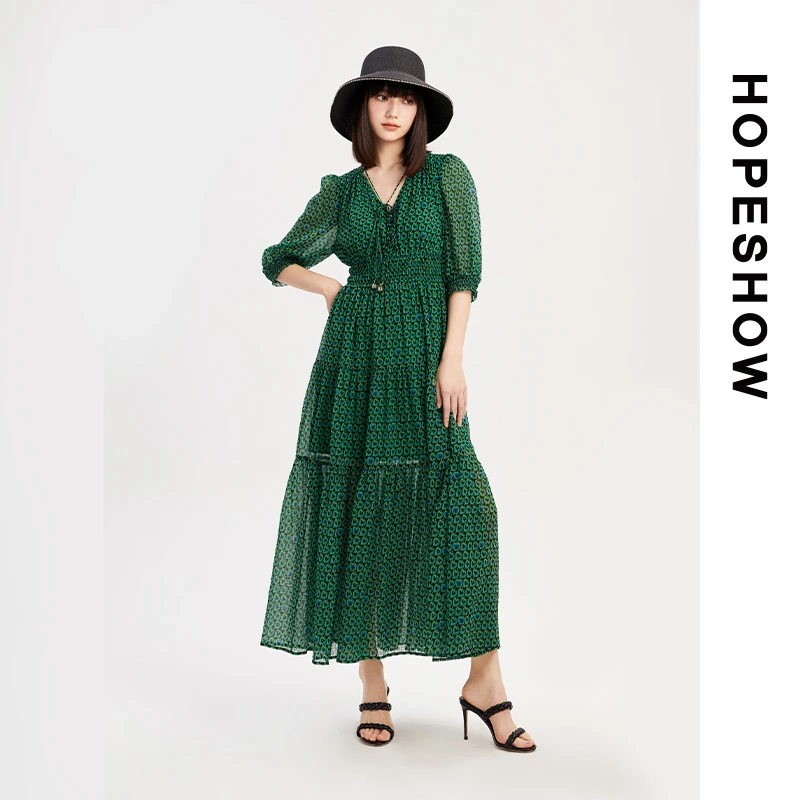 HOPESHOW红袖 气质复古压皱连衣裙 89123171612