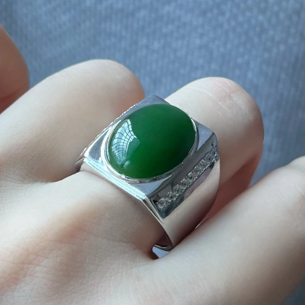 【福玺珠宝】和田玉碧玉蛋面豪镶s925银戒指（活口）