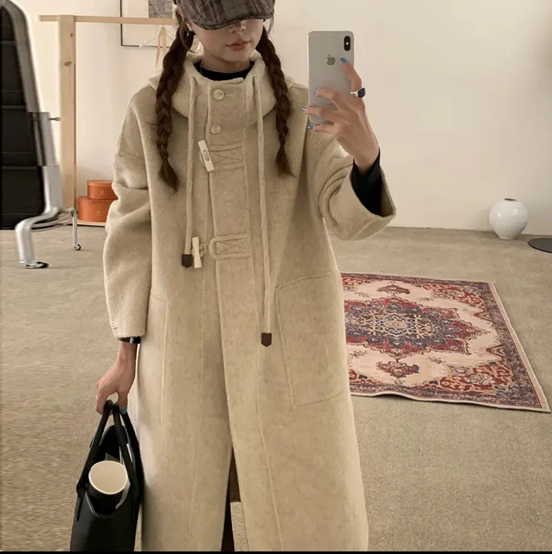 XYM高级连帽抽绳韩系双面羊毛大衣宽松显瘦牛角扣秋冬毛呢外套女