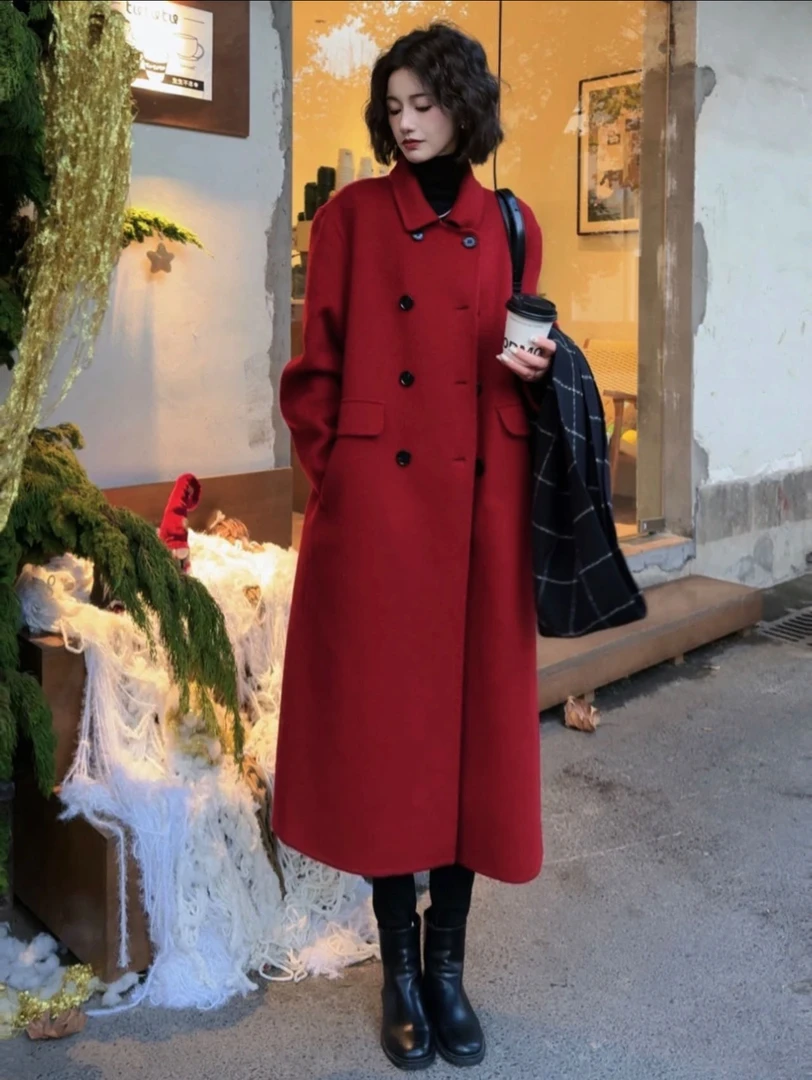 XYM秋冬双排八扣长毛加厚款时尚百搭气质双面羊毛大衣毛呢宽松