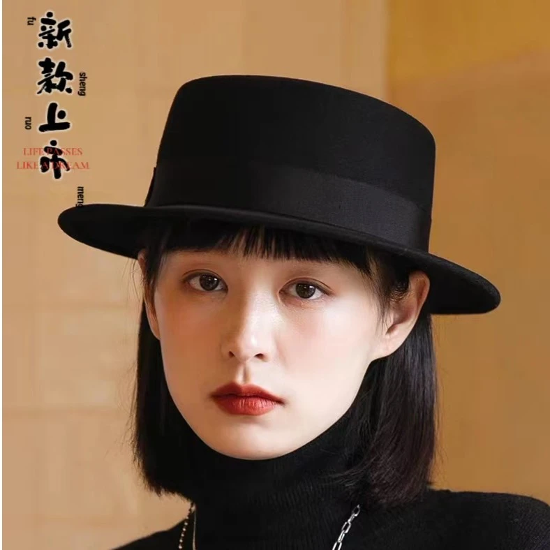 秋冬黑色平顶礼帽女2023新网红爆款法式复古英伦风百搭毛呢帽子女