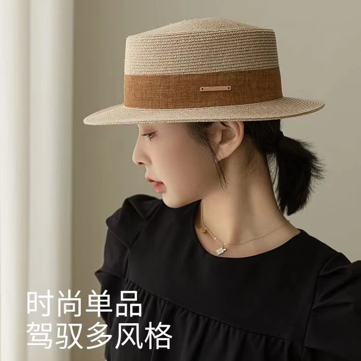 夏季法式英伦复古平顶草编礼帽女士2023新网红爆款防晒遮阳草帽子