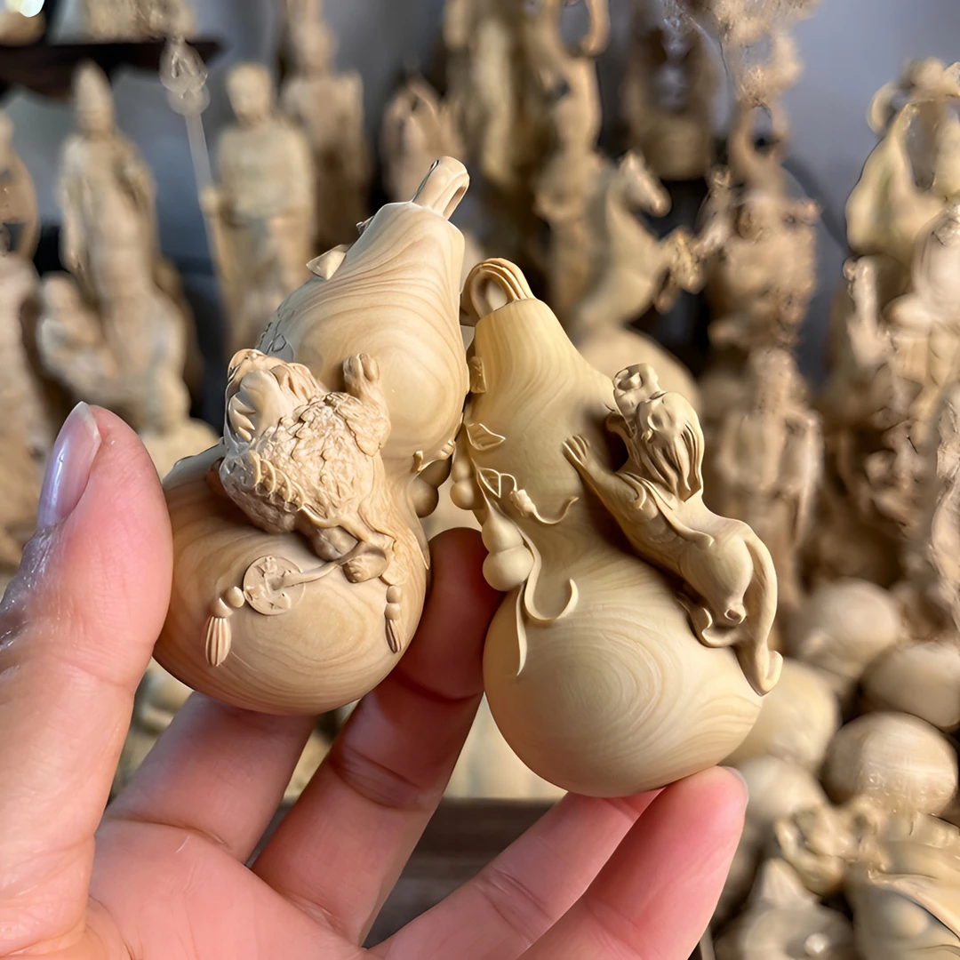小叶黄杨木雕非遗工艺品木制金蟾葫芦貔貅葫芦摆件文玩福禄手把件