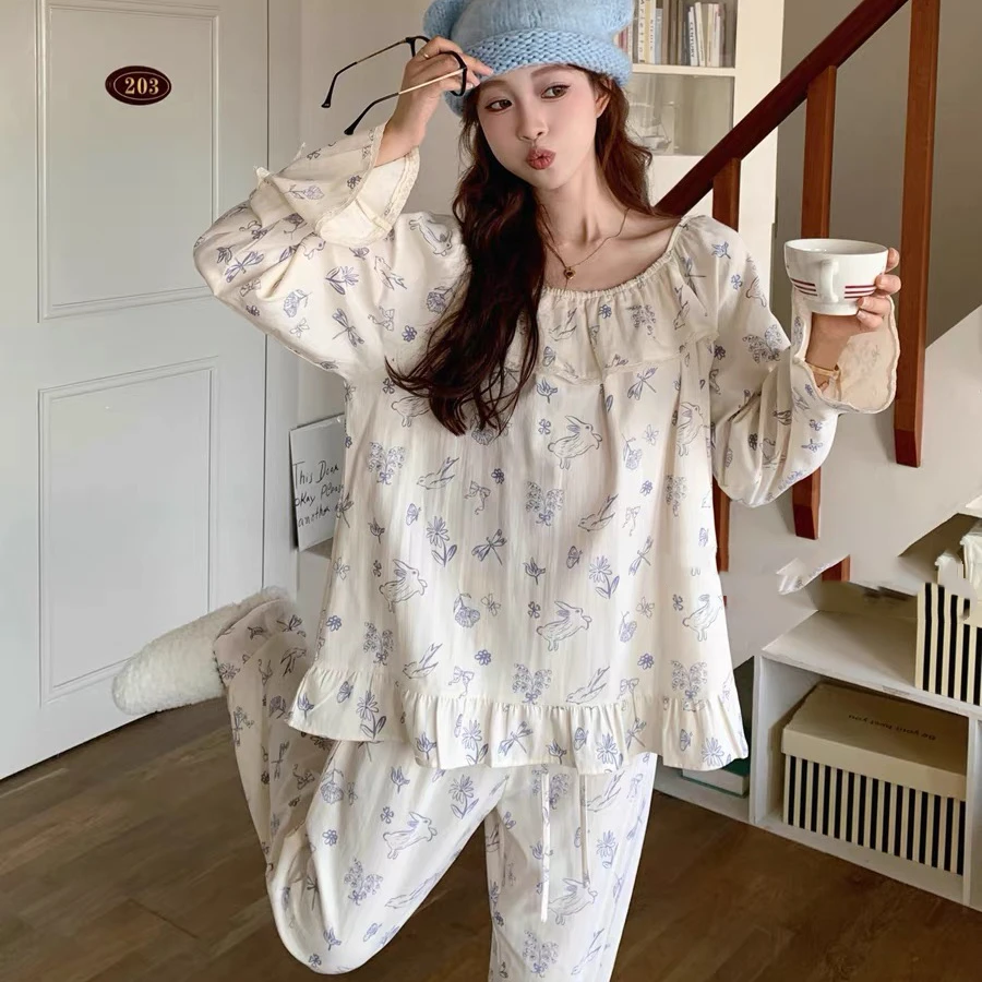 【纯棉】双层婴儿软棉纱春秋款睡衣女士甜美公主风长袖长裤