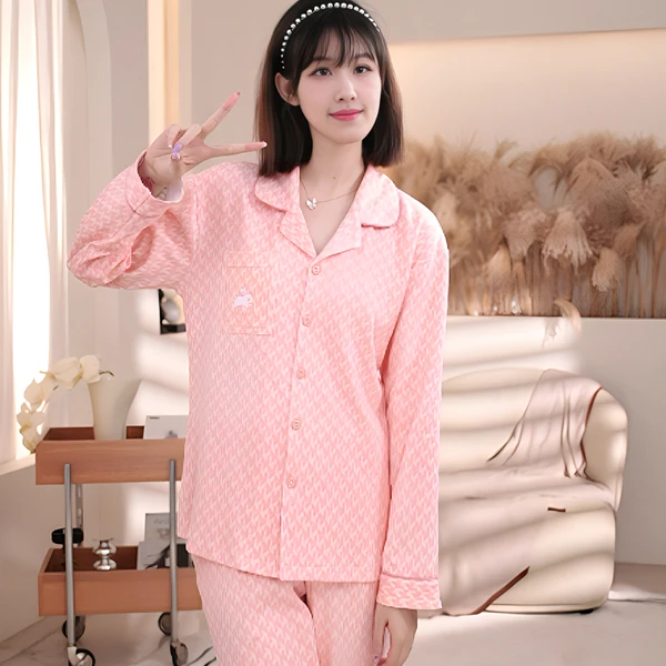 纯棉睡衣女春秋新款宽松甜美翻领开衫薄款长袖长裤套装居家可外穿