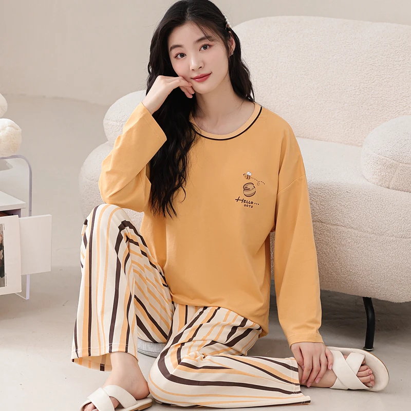 【胸垫款】春秋款女士睡衣纯棉圆领套头长袖长裤休闲宽松透气家居服