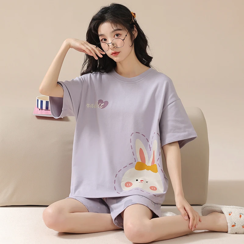 【福利款】睡衣女夏季纯棉短袖短裤家居服 紫色兔子