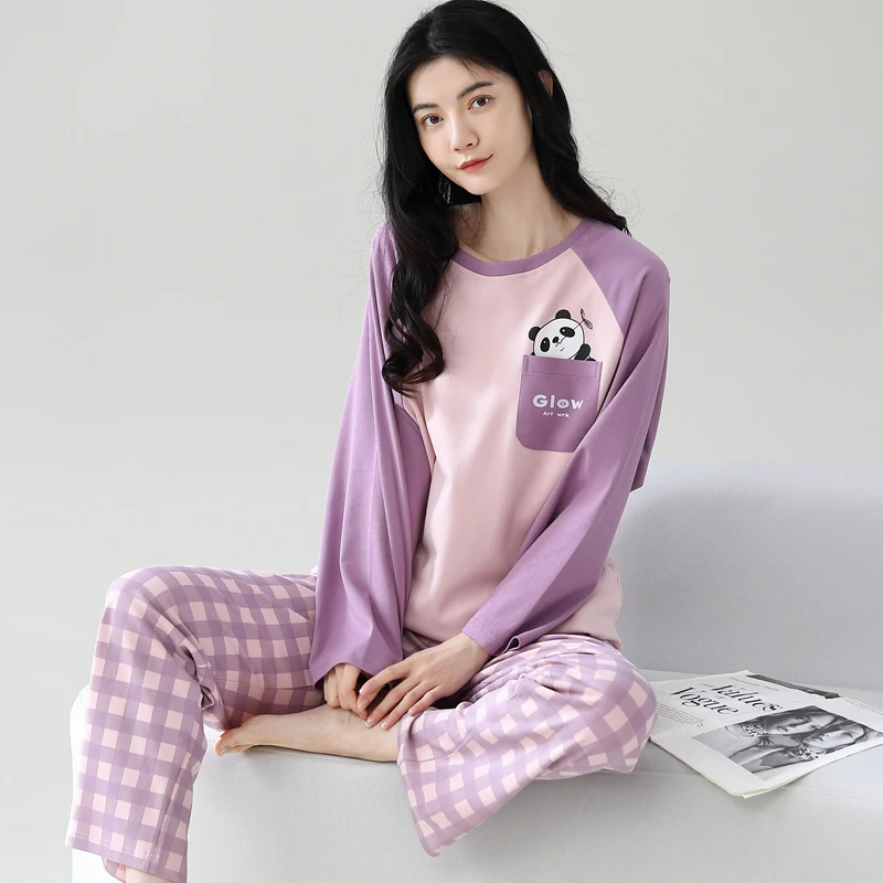 春秋新款女士睡衣纯棉透气舒适宽松长袖圆领休闲家居服可外穿套装
