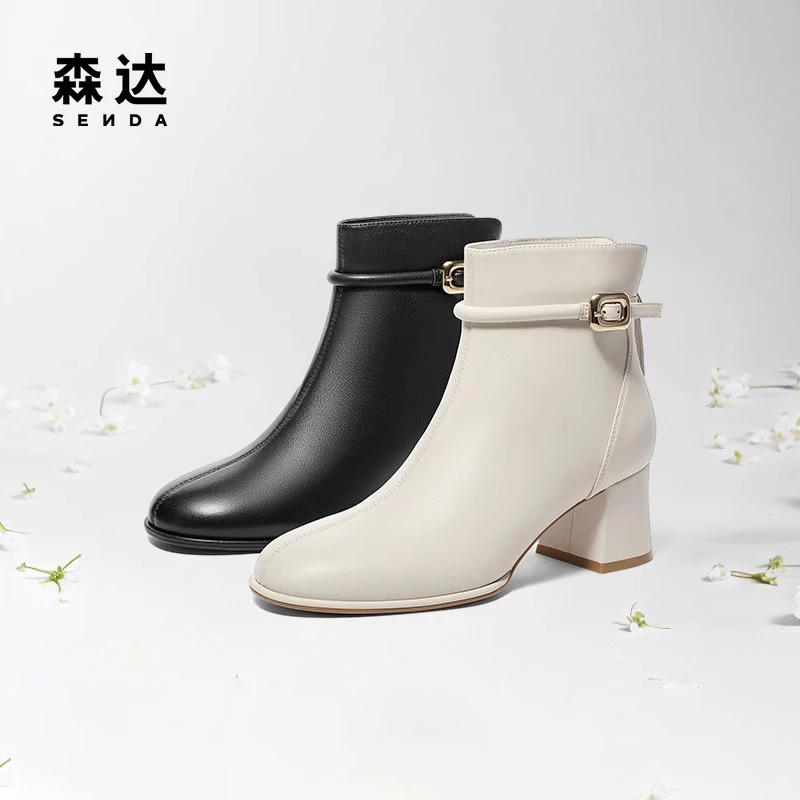 Senda/森达气质加绒时装靴女冬新粗跟皮带扣时尚短皮靴ZTD10DD3