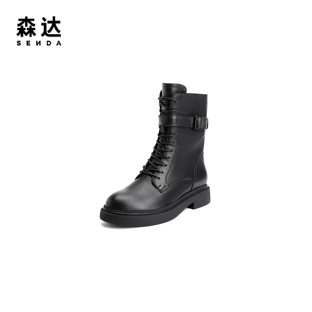森达冬季新款专柜同款欧美机车风休闲女士百搭中筒马丁靴4OC01DZ0