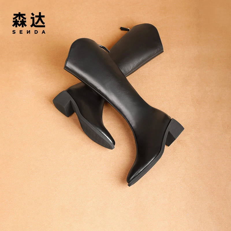 Senda/森达加绒骑士靴女冬新商场同款粗跟显瘦百搭长筒靴4QH71DG2