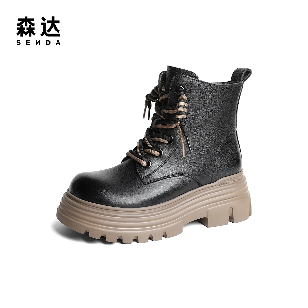 Senda/森达马丁靴春季女商场同款真皮圆头机车风厚底短靴SWD01DD3
