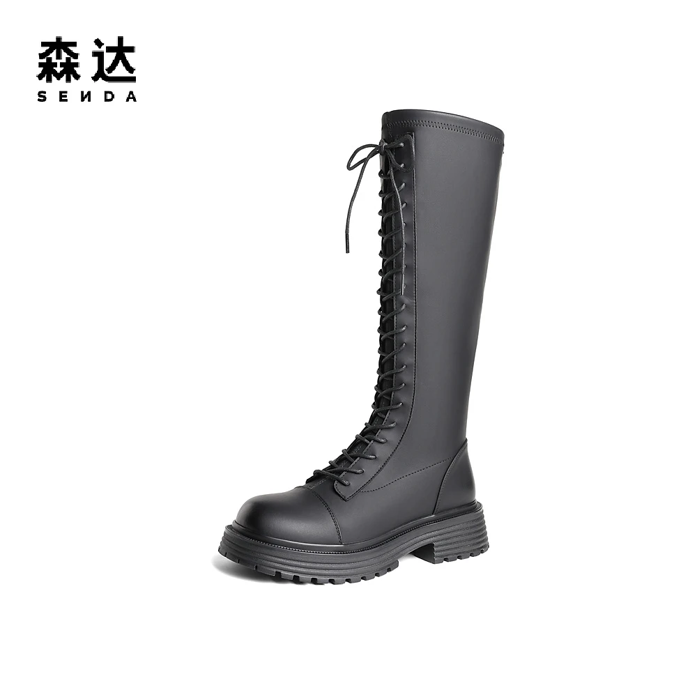 Senda/森达弹力靴女商场同款绑带加绒显瘦显高骑士长筒靴SWF01DG3