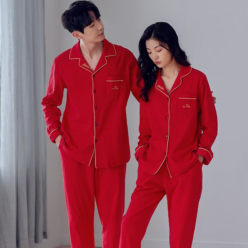 新款情侣翻领100%双面纯棉睡衣女家居服男士长袖长裤可外穿  278