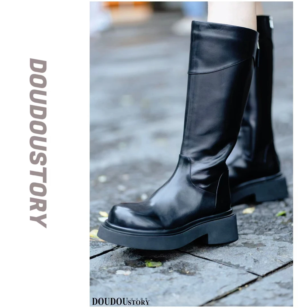 KAKA NUOYA卡卡诺亚 1244  极简牛皮后拉链骑士中筒靴