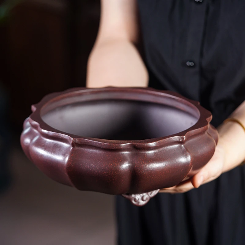 室内盆栽宜兴仿古紫砂圆形老桩复古莲花透气精品陶瓷紫砂盆花盆