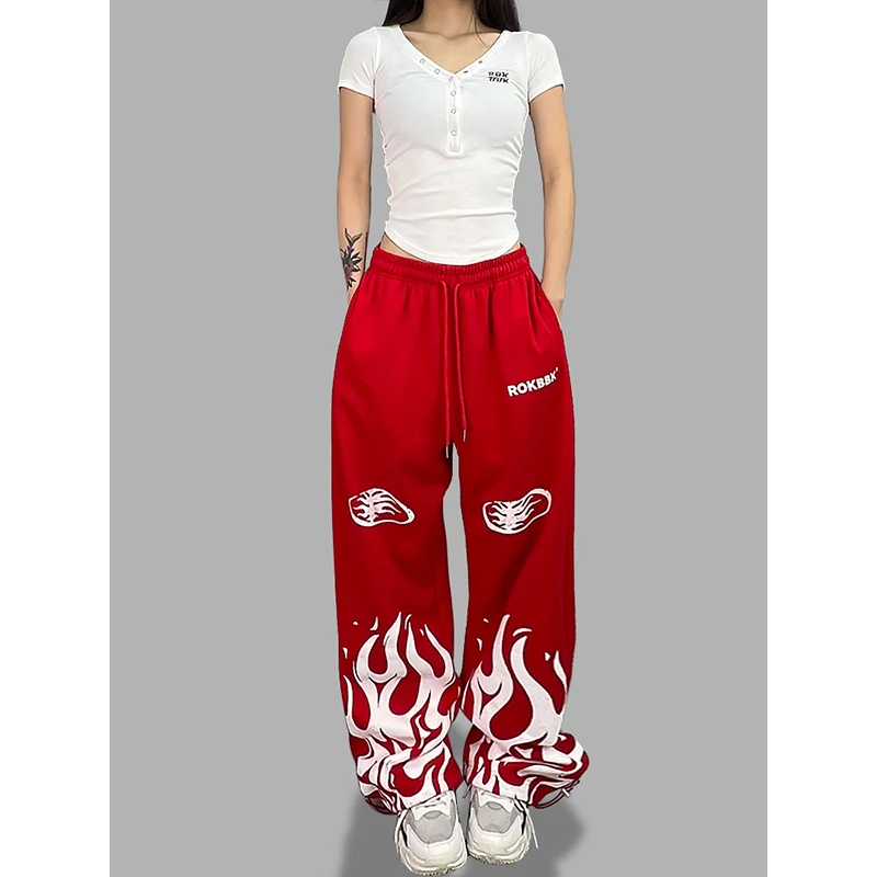 无品牌街舞潮牌火焰印花爵士hiphop长裤女跳舞运动套裤子女