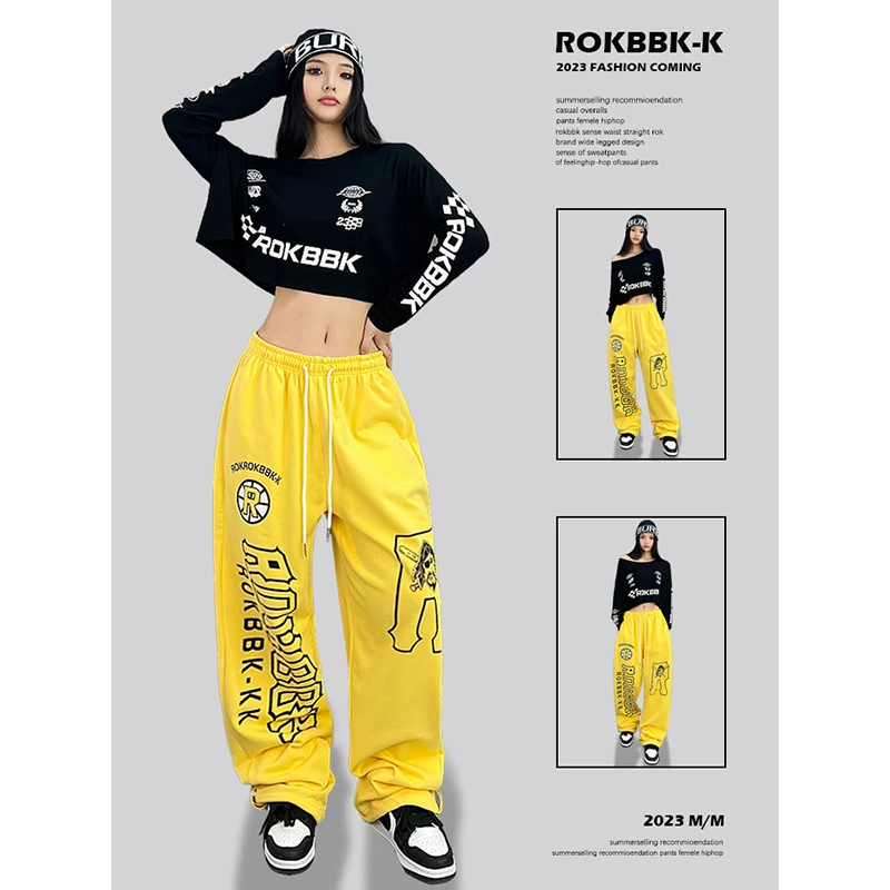 ROKBBK-K/布韩街舞潮牌个性印花宽松嘻哈爵士舞hiphop运动长裤女