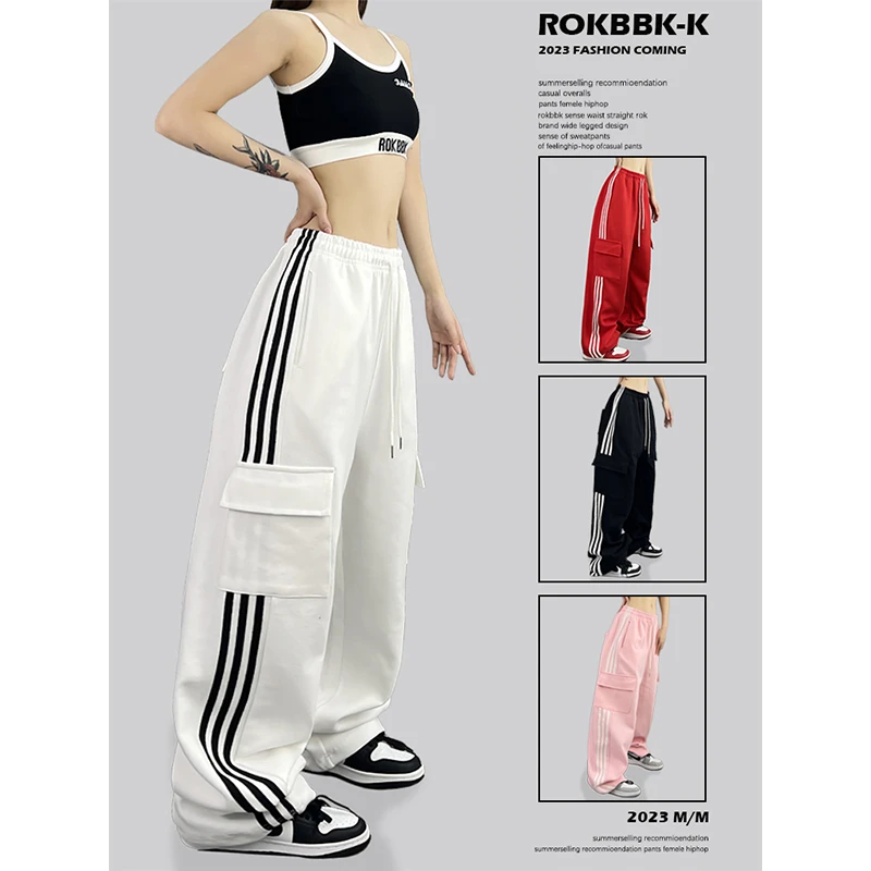 ROKBBK-K/布韩美式阔腿工装卫裤女爵士舞直筒宽松休闲条纹运动裤