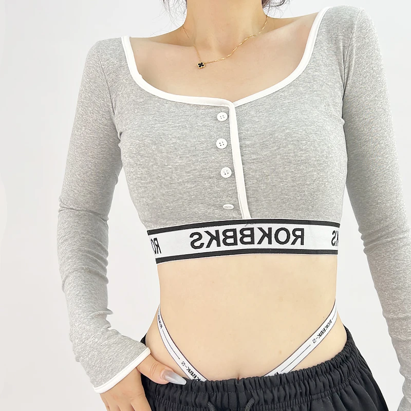 ROKBBK-K/布韩黑色紧身弹力露脐长袖爵士舞字母印花纽扣小上衣ins