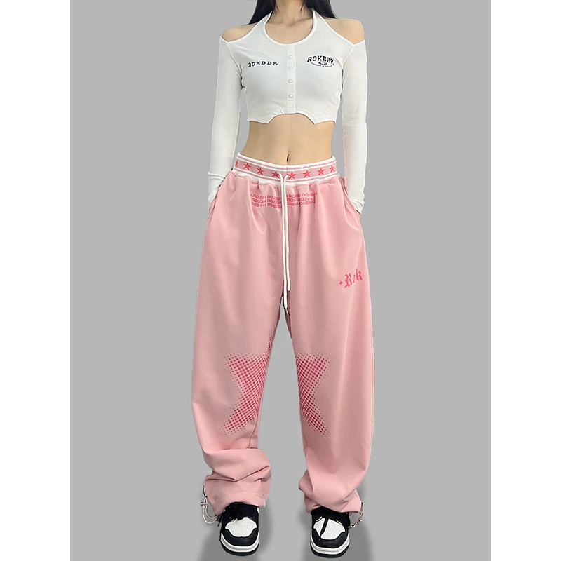 ROKBBK-K/布韩街舞潮牌个性印花嘻哈爵士运动长裤女宽松jazz卫裤