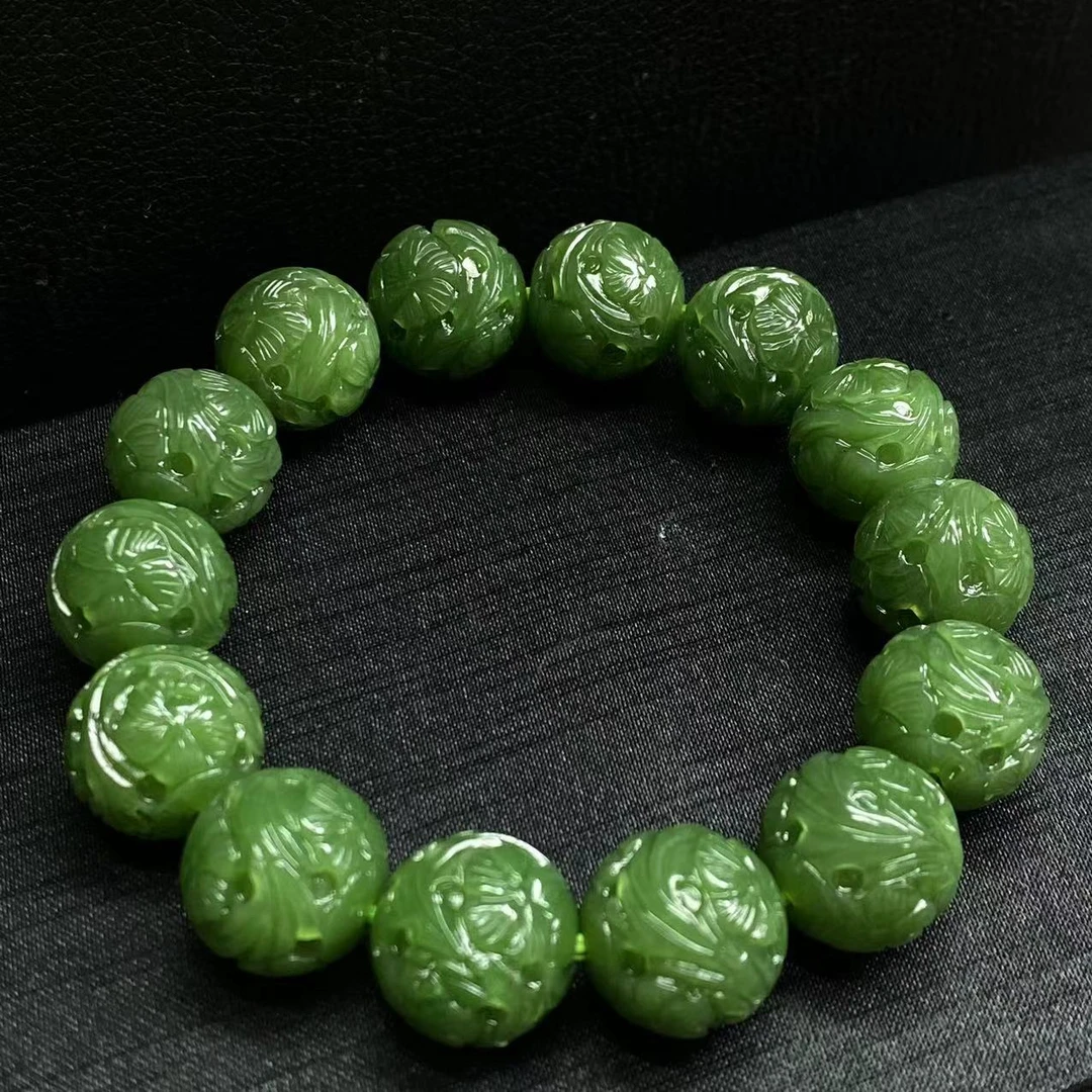 【迈越珠宝】天然和田玉碧玉阳绿色雕花回纹珠手串雕刻时尚百搭绿色