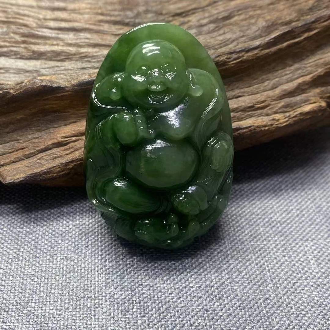 【迈越珠宝】天然和田玉碧玉菠菜绿逍遥佛手把摆件精美雕刻佛公摆件