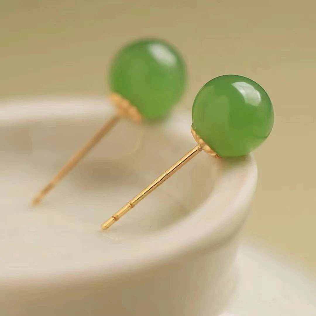 【迈越珠宝】天然和田玉碧玉粉绿s925纯银耳饰耳钉百搭小众时尚精美