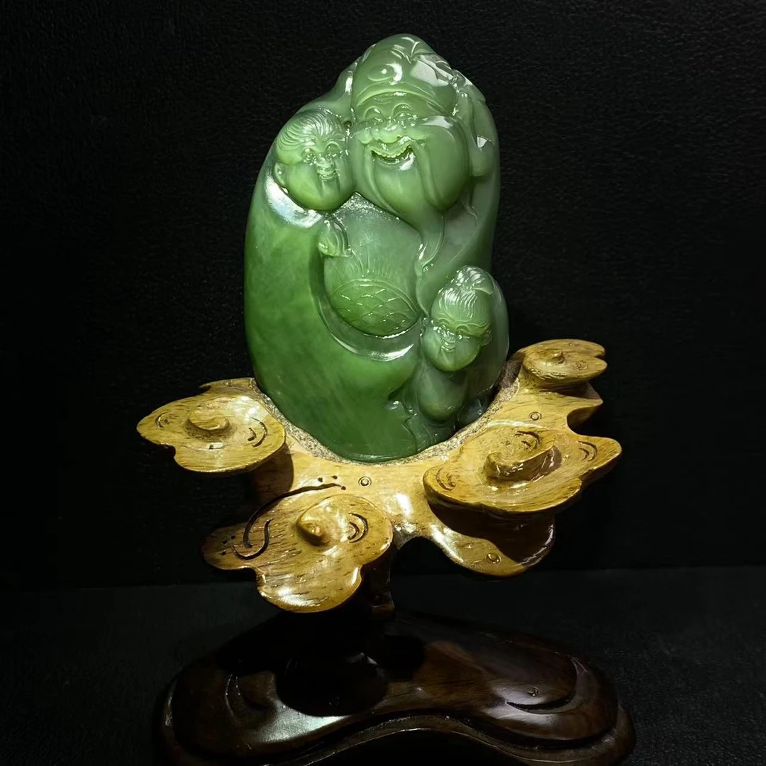 【迈越珠宝】和田玉碧玉老料白加绿大摆件色泽碧绿精美手把件送底座